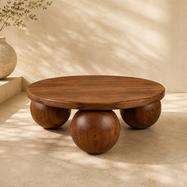 Albany Mid Century Modern Japandi Coffee Table with Organic Freeform Wooden Top and Geometric Base for Living Room