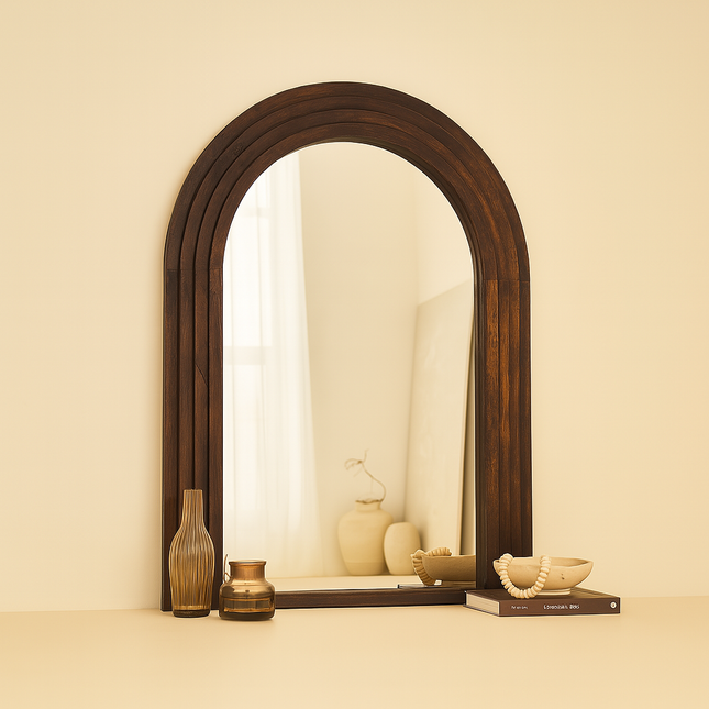 Vivienne Arched Layered Wood Mirror – Sculptural Wall Mirror for Niche & Console Styling - Uber Decor