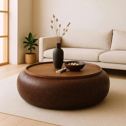 Lufira upholstered round coffee table with solid wood tray top low profile modern center table for lounge space and cozy interiors