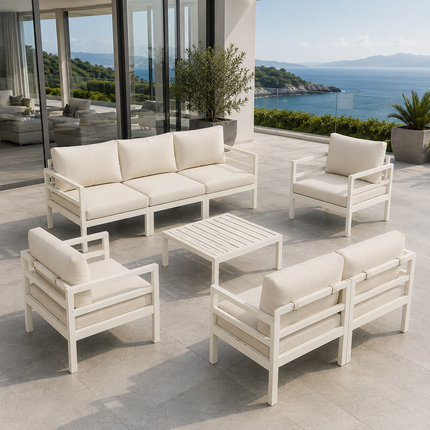 Deckaro Modular Sofa & Chair Set with Slatted Coffee Table Contemporary Outdoor Seating for Decks, Patios & Open Courtyards