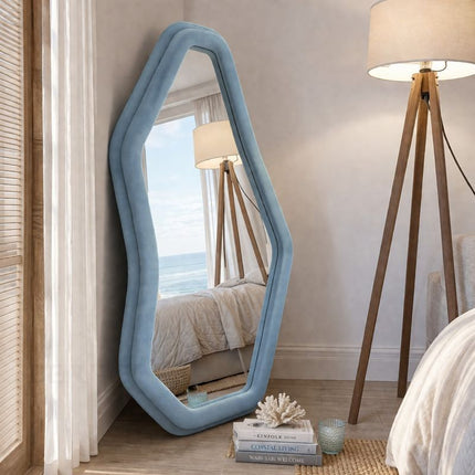 EdgeCraft Irregular Asymmetric Wall Mirror - Suede Velvet Upholstered Frame - Uber Decor