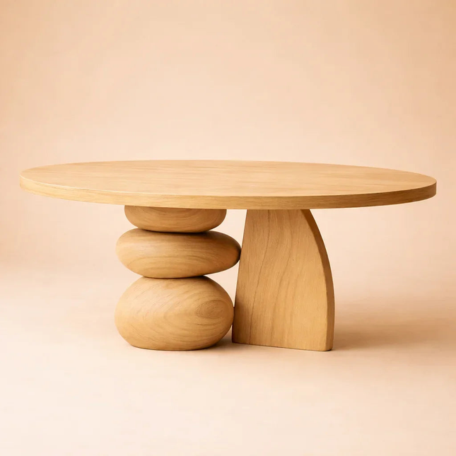 Chindwin Wabi-Sabi Sculptural Organic Japandi Coffee Table – Artistic Pebble Base Wooden Center Table for Living Rooms