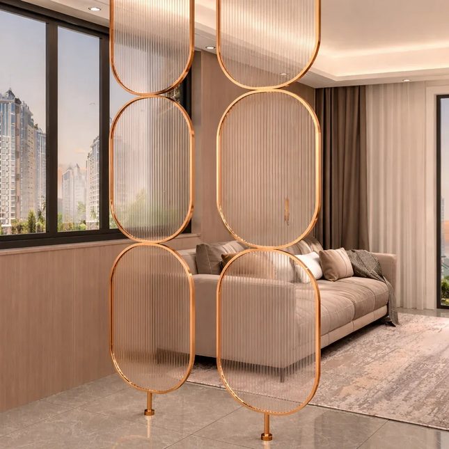 DUORA Stainless Steel Glass Room Divider With Paired Oval Frames For Living Room Lounge And Modern Interior Spaces