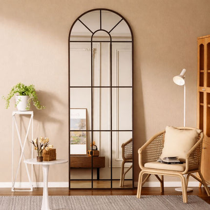 Old World Charm Arched Wall Mirror – Metal Window Mirror Full Length Mirror for Living Room & Entryway Accent