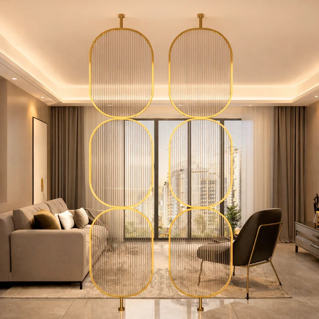 DUORA Stainless Steel Glass Room Divider With Paired Oval Frames For Living Room Lounge And Modern Interior Spaces