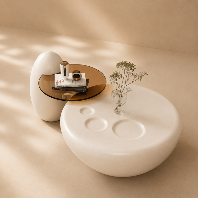 Jhelum Wabi-Sabi Modern Sculptural Japandi Coffee Table – Minimalist Organic Center Table for Living Room