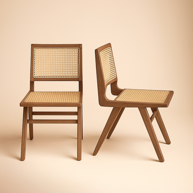 Rayan Mid Century Dining Chair Set of 2 Custom Made Handwoven Cane Design Ideal for Dining Room Living Area - Uber Decor