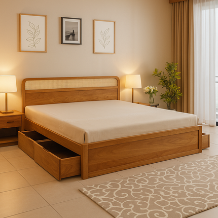 TeakCrest Modern Rattan Storage Platform Customisable Bed for Guest Rooms - Uber Decor
