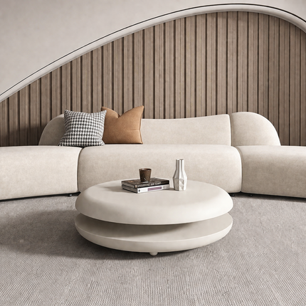 Niari round double layer coffee table in solid wood modern center table for family room seating area and contemporary interiors