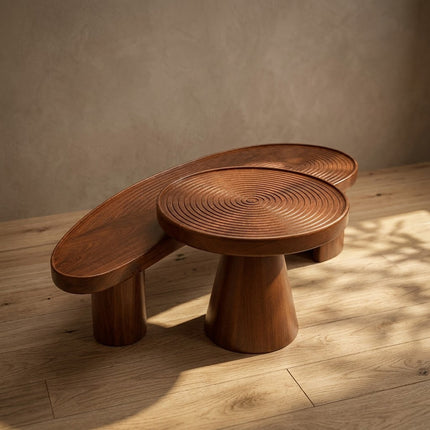 Logone solid wood tiered coffee table with circular carved top mid century Japandi design for drawing room and sitting area