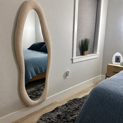 Modern Wavy Edge 5 ft Boucle Standing Mirror – Ready to Ship Beige Full Length Mirror