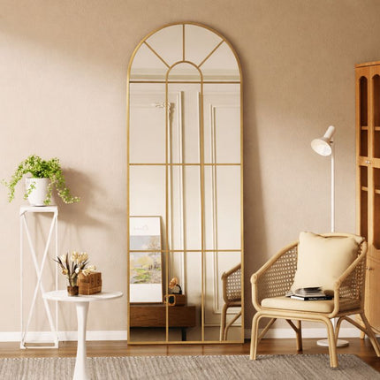 Old World Charm 7 ft Arched Wall Mirror – Ready to Ship Metal Window Mirror with Golden Frame