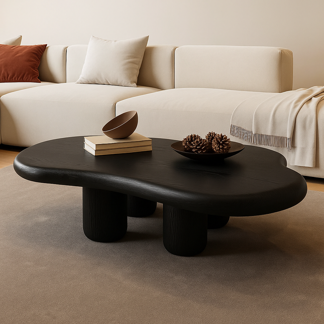 Ebro Drift Modern Cloud Coffee Table Dark Walnut Veneer Top Organic Contour with Four Solid Wood Legs for Living Rooms and Tea Corners - Uber Decor