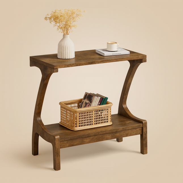 Nara Arc Sofa Side Table – Solid Wood Japandi Modern Accent with Storage Shelf for Living Room - Uber Decor