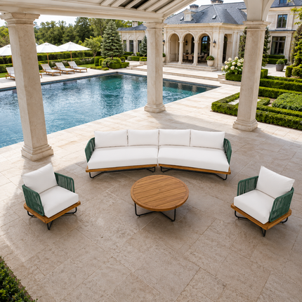 Evergreen Bay Teak Rope Outdoor Sofa Set, Garden Patio Conversation Lounge Set, Scandinavian Boho Terrace Poolside Seating