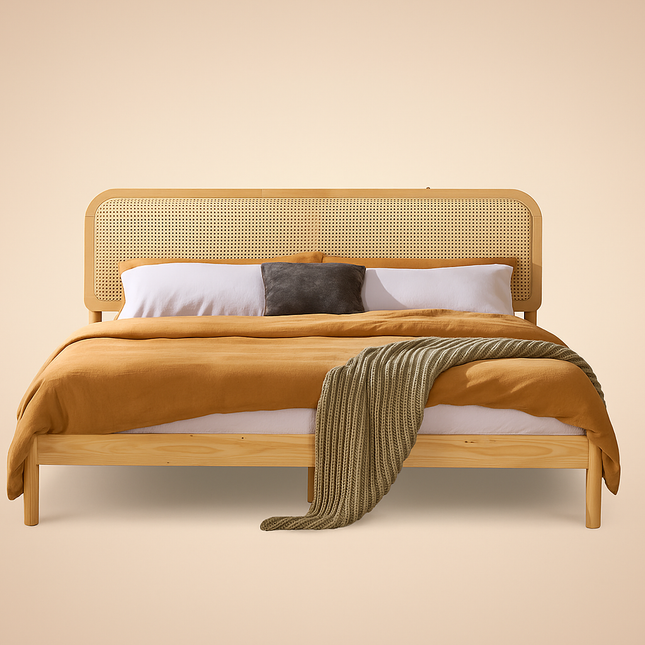 BirchBend Scandinavian Contemporary Rattan Platform Customisable Bed for Minimalist Interiors - Uber Decor