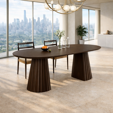 Talon Axis Solid Wood Dining Table with Fluted Pedestal Base and Oval Top for Modern and Contemporary Interiors