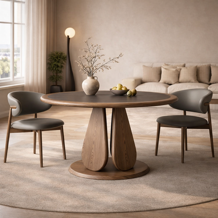 Terra Arc Round Dining Table Japandi Mid Century Modern Design Solid Wood Pedestal Legs