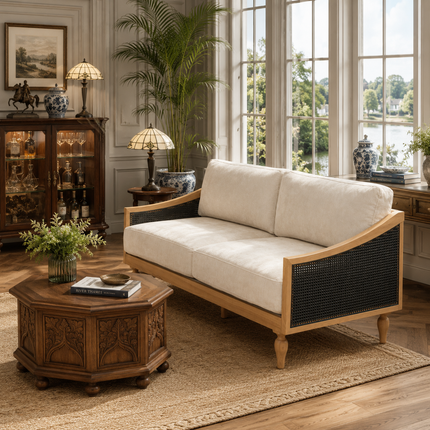 Fermo cane-panel sofa – detail showing natural cane weave texture and warm wood finish
