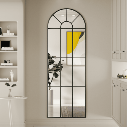 Old World Charm Arched Wall Mirror – Metal Window Mirror Full Length Mirror for Living Room & Entryway Accent - Uber Decor