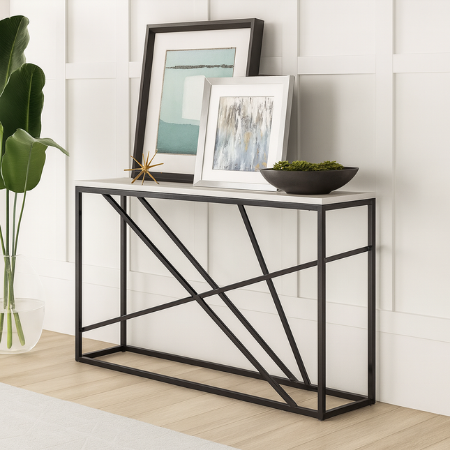 Circa Strata Console Table – Customizable Top with Sculptural Black Metal Geometric Frame for Hallway, Entryway & Living Area - Uber Decor