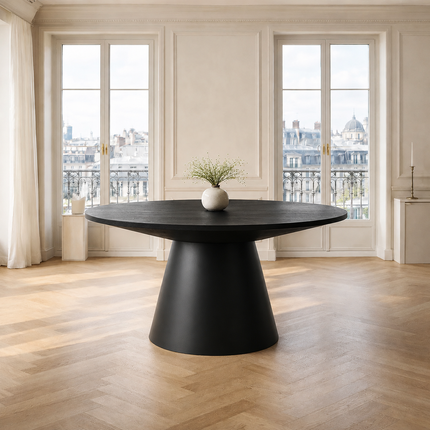 Orren Form Round Dining Table – In Stock, Black Veneer Top & Black Matte Modern Japandi Conical Base