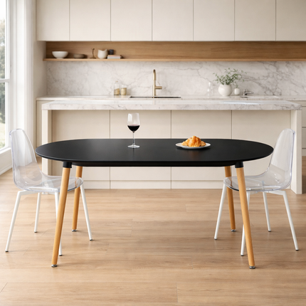 Nordelle Oval Dining Table Scandinavian Mid Century Modern Japandi Design Black Tabletop with Wooden Tapered Legs Dining Table for Dining Room