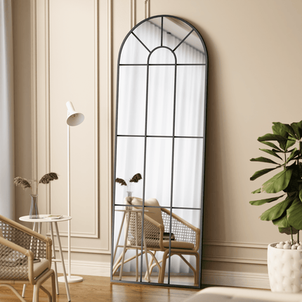 Old World Charm Arched Wall Mirror – Metal Window Mirror Full Length Mirror for Living Room & Entryway Accent - Uber Decor