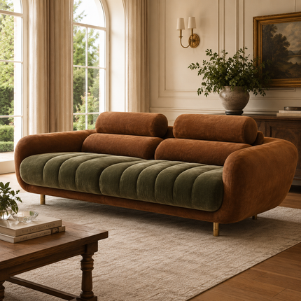 Milan Luxury Modern Sofa Dual Tone Channel Tufted Designer Couch with Curved Armrests Customisable Living Room Sofa
