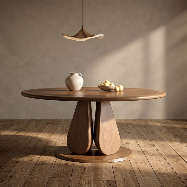 Terra Arc Round Dining Table Japandi Mid Century Modern Design Solid Wood Pedestal Legs