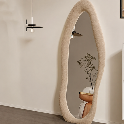 Modern Wavy Edge 5 ft Boucle Standing Mirror – Ready to Ship Beige Full Length Mirror