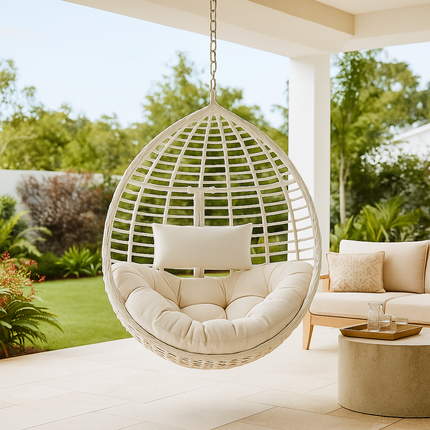 StoneNest Cocoon Swing Chair – Minimal Outdoor Elegance | Wabi Sabi Comfort Design | Japandi Inspired | Balcony & Study Room Swing Chair for Terraces, Living Rooms, Gardens & Porches
