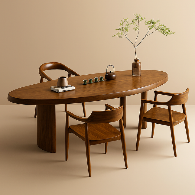 Amberhaven Wooden Dining Table Mid Century Modern Scandinavian Japandi Design Solid Wood Finish Pedestal Base Dining Table for Dining Room