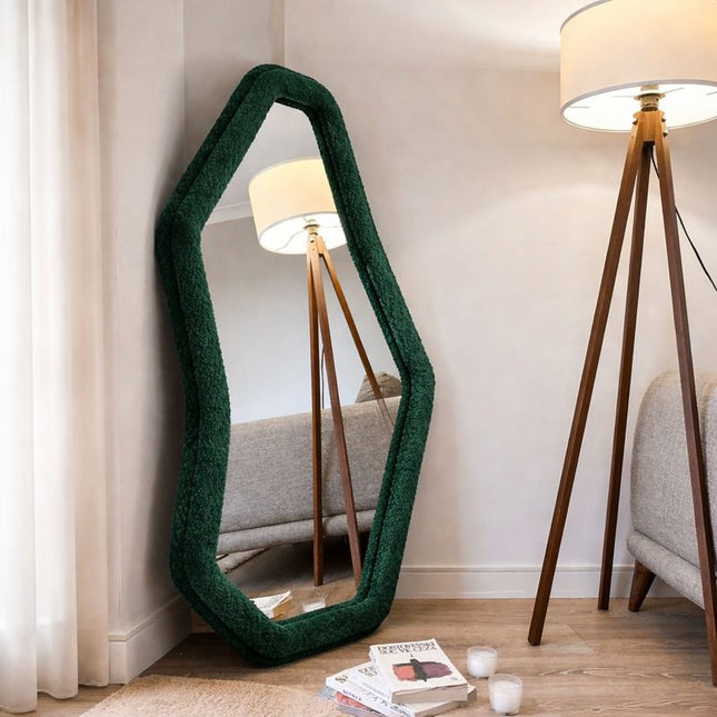 EdgeCraft Irregular Asymmetric Wall Mirror - Suede Velvet Upholstered Frame - Uber Decor