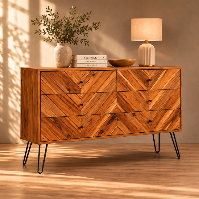 Cleo Chevron Mid Century Modern Solid Wood Chest of Drawers – Hairpin Legs Customizable Finish – Ideal for Bedroom, Living Room & Entryway