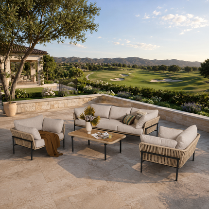 Rattan Riviera Rope Wicker Outdoor Sofa Set, Patio Conversation Garden Lounge Set, Japandi Boho Poolside Terrace Porch Furniture