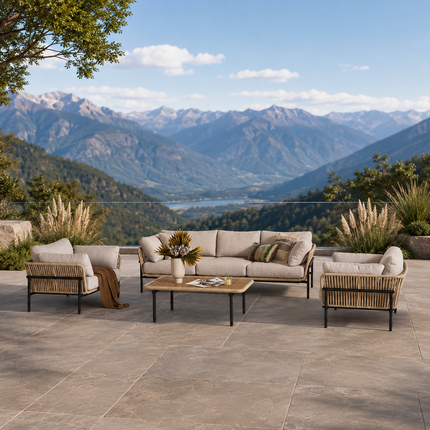 Rattan Riviera Rope Wicker Outdoor Sofa Set, Patio Conversation Garden Lounge Set, Japandi Boho Poolside Terrace Porch Furniture