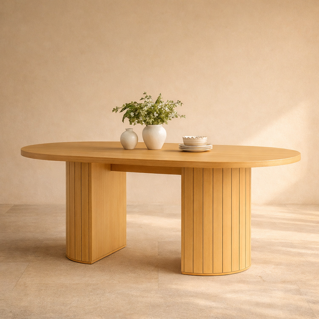 Balen Dining Table Modern Scandinavian Design Slatted Dual Pedestal Wooden Dining Table for Dining Room