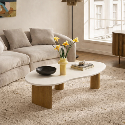 Tangon Wabi-Sabi Mid-Century Japandi Coffee Table – Organic Freeform Wooden Top Block Legs for Living Room