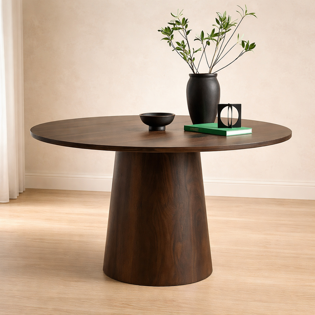 Brindlewood Round Dining Table Mid Century Modern Scandinavian Japandi Design Solid Wood Finish Pedestal Base Dining Table for Dining Room