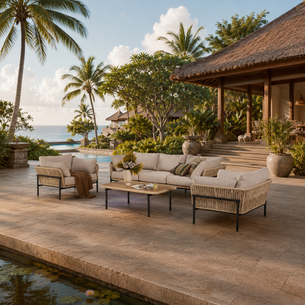 Rattan Riviera Rope Wicker Outdoor Sofa Set, Patio Conversation Garden Lounge Set, Japandi Boho Poolside Terrace Porch Furniture