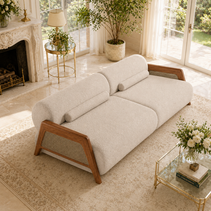 Catania Luxury Japandi Sofa with Cane Accent Armrests Customisable Minimalist Designer Couch for Boutique Interiors