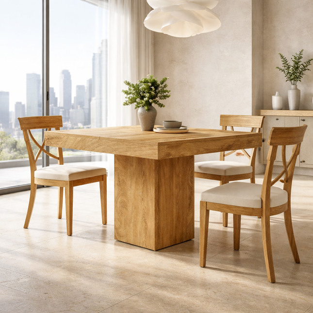 Liron Axis Solid Wood Dining Table in Natural Wood Finish with Central Pedestal Base and Square Top for Modern and Compact Interiors