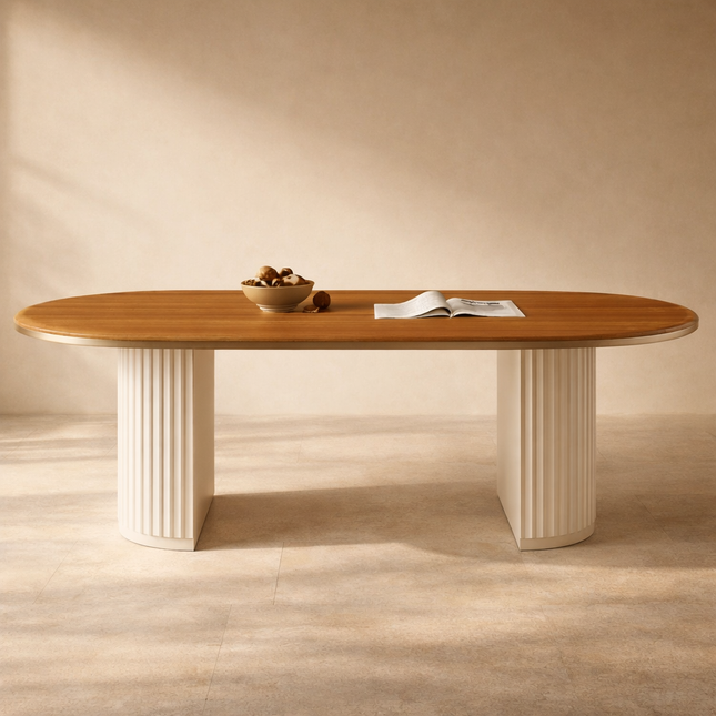 Oakridge Oval Dining Table Scandinavian Japandi Mid Century Modern Design Wooden Top Fluted Pedestal Base Dining Table for Dining Room