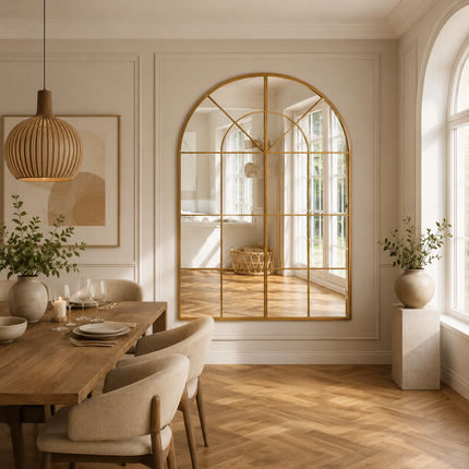 French Arch Gold Oversized Window Style Mirror – 72” H x 36” W Full-Length Arched Metal Frame Mirror, Ready to Ship