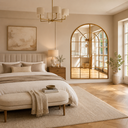 French Arch Gold Oversized Window Style Mirror – 72” H x 36” W Full-Length Arched Metal Frame Mirror, Ready to Ship