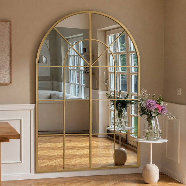 French Arch Gold Oversized Window Style Mirror – 72” H x 36” W Full-Length Arched Metal Frame Mirror, Ready to Ship