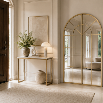 French Arch Gold Oversized Window Style Mirror – 72” H x 36” W Full-Length Arched Metal Frame Mirror, Ready to Ship