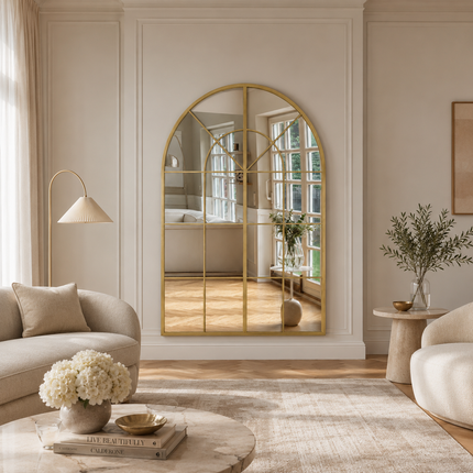 French Arch Gold Oversized Window Style Mirror – 72” H x 36” W Full-Length Arched Metal Frame Mirror, Ready to Ship