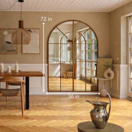 French Arch Gold Oversized Window Style Mirror – 72” H x 36” W Full-Length Arched Metal Frame Mirror, Ready to Ship